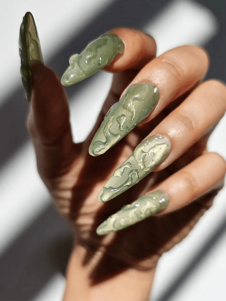 Green cateye nails with clear 3D gel