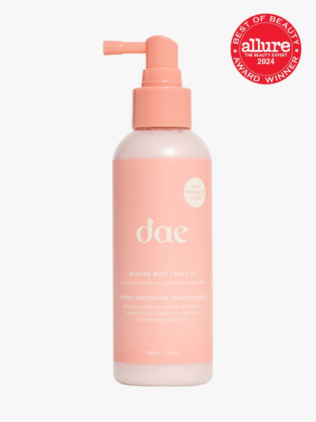 leave in mist in branded soft peach bottle with spray nozzle pump on light gray background with red and white 2024 allure best of beauty seal