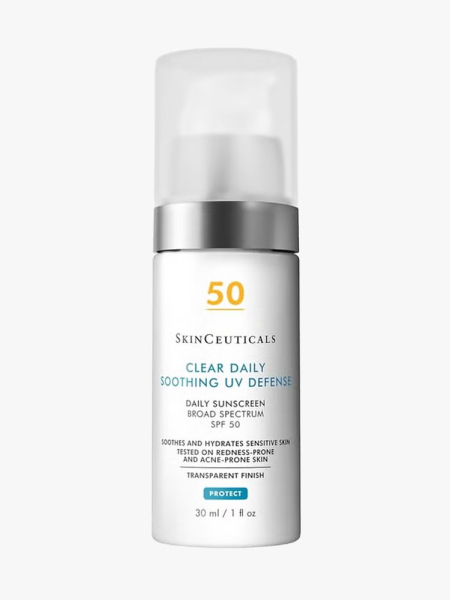 SkinCeuticals Clear Daily Soothing UV Defense Cream SPF 50 in branded component on a light gray background