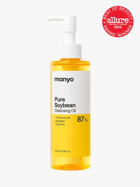 Man:yo Cleansing Oil in branded bottle component on a light gray background with best of beauty 2025 seal in the top right corner