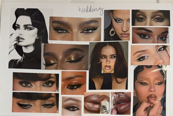 A photos of a moodboard of eyemakeup looks titled Wedding captured in the Euphoria season 3 makeup trailer.