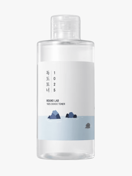 Round Lab 1025 Dokdo Toner in branded bottle component on a light gray background