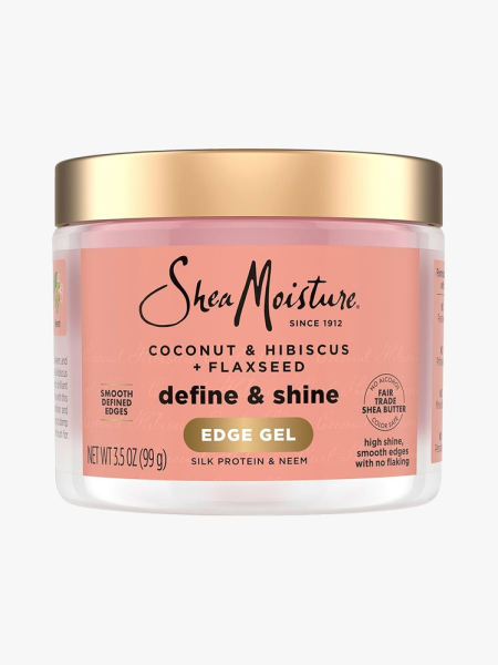 SheaMoisture Coconut & Hibiscus + Flaxseed Edge Gel peach jar on light gray background